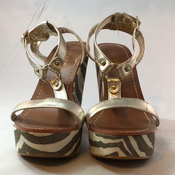 Ralph Lauren Disha Zebra Print Wedge Gold Sandal - Picture 5 of 8